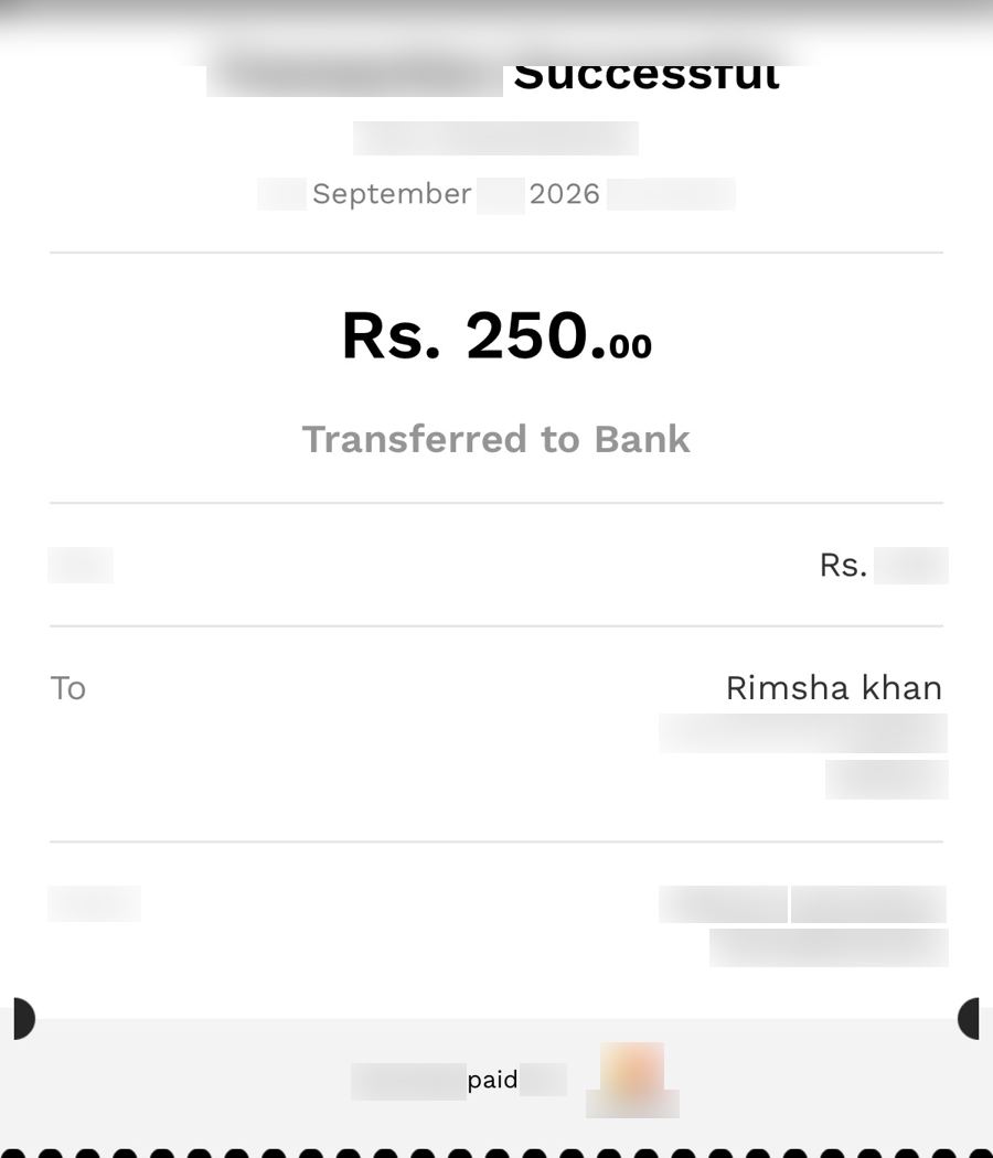 Authentic receipt — private details hidden