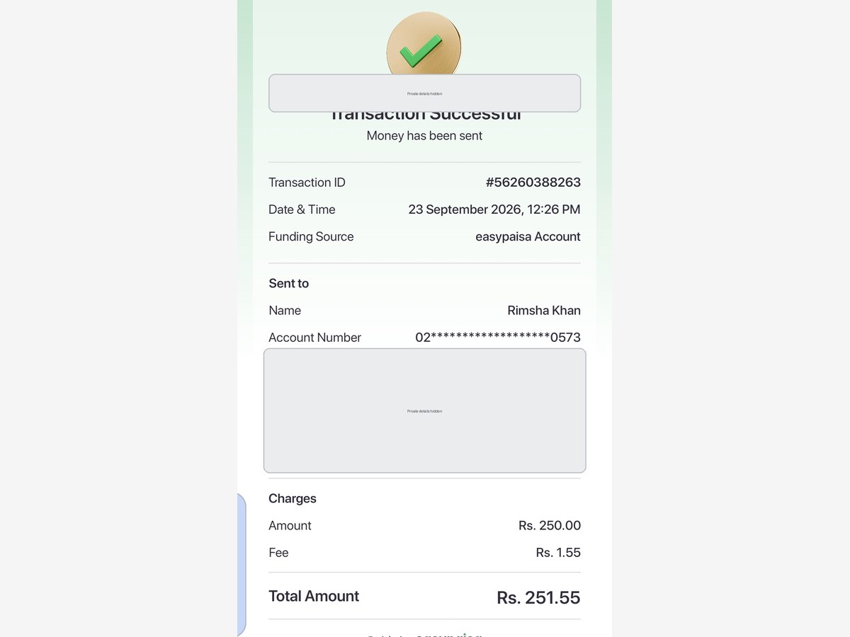 Authentic receipt — private details hidden