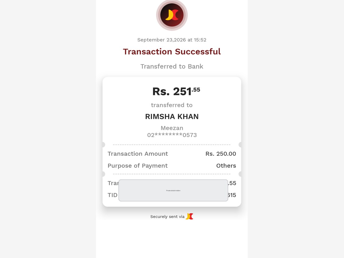 Authentic receipt — private details hidden