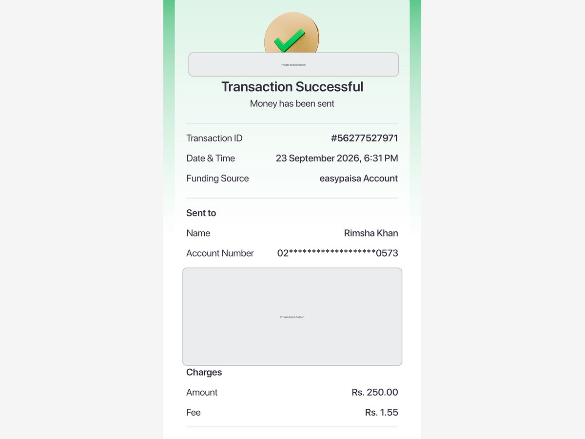 Authentic receipt — private details hidden