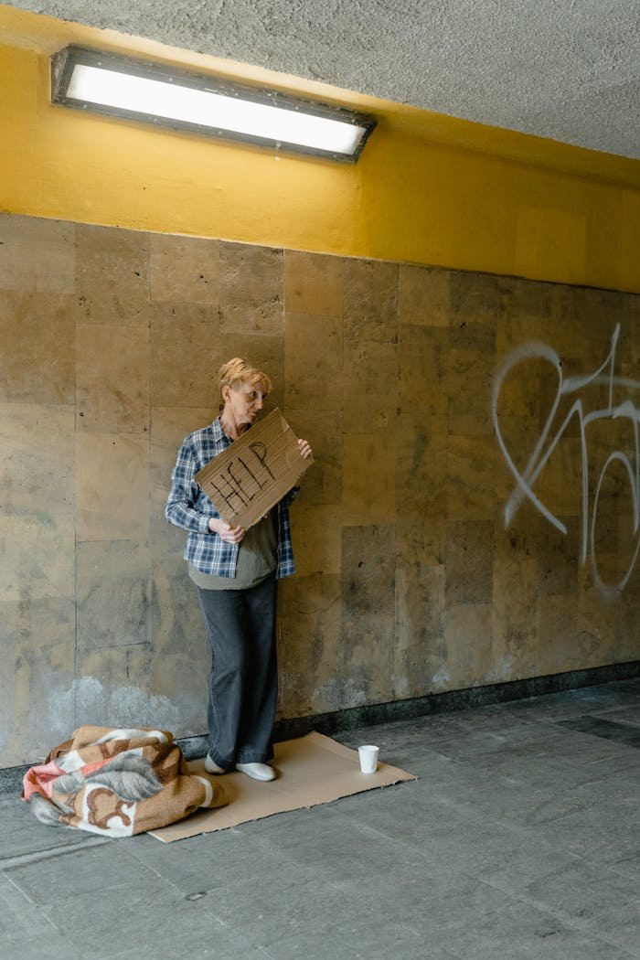 An elderly woman stands in an urban area holding a help sign, representing poverty.