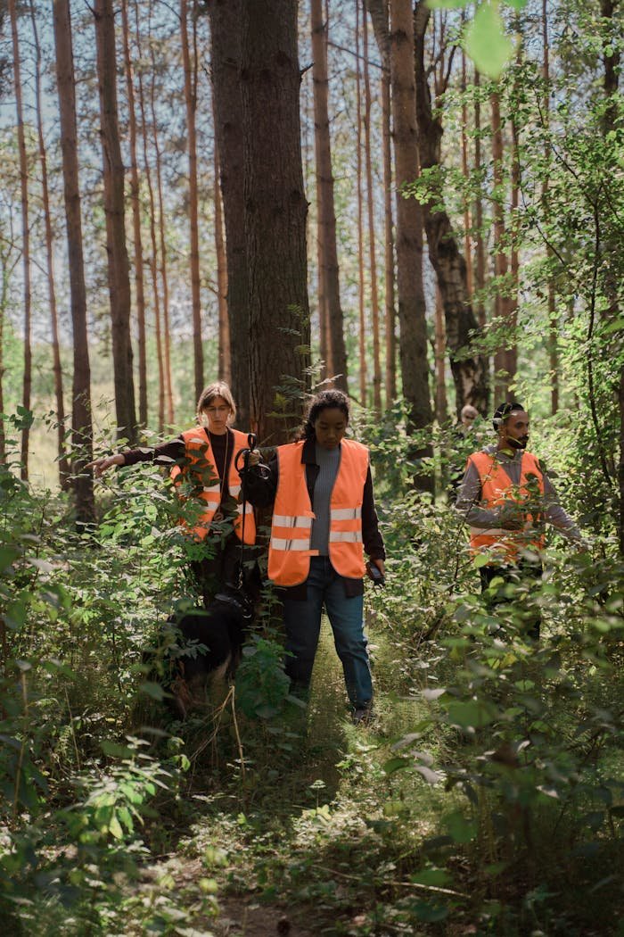 why-choose-us A group of volunteers in bright vests searching with a dog in a forest.