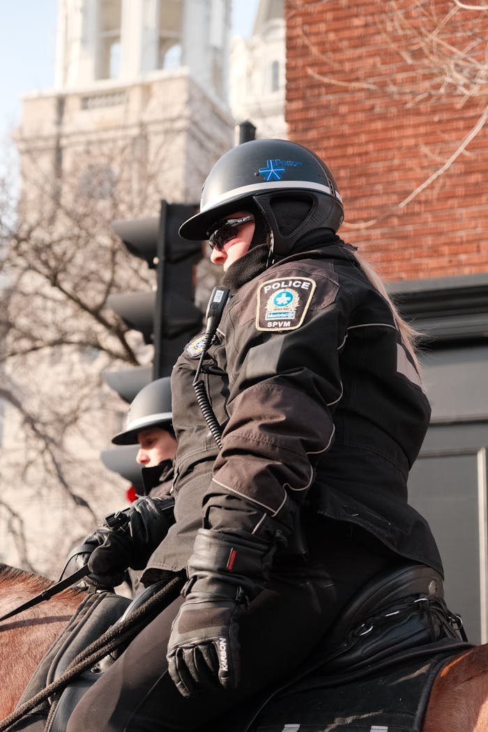 digital Police officers on horseback patrolling the city, showcasing urban law enforcement.